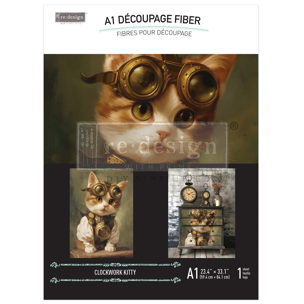 Redesign A1 Decoupage Fibre CLOCKWORK KITTY