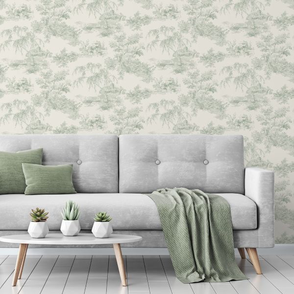 Wallpaper - GRANDECO TOILE TREES GREEN 1 METRE