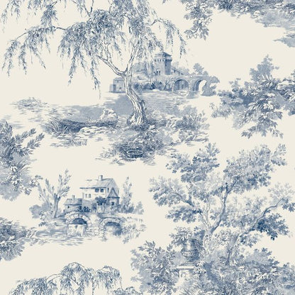 Wallpaper - GRANDECO TOILE TREES BLUE 1 METRE