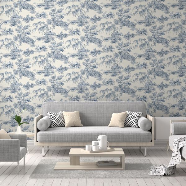 Wallpaper - GRANDECO TOILE TREES BLUE 1 METRE