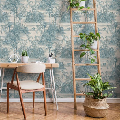 Wallpaper - EDEN TROPICAL TOILE BLUE MURIVA 1 METRE