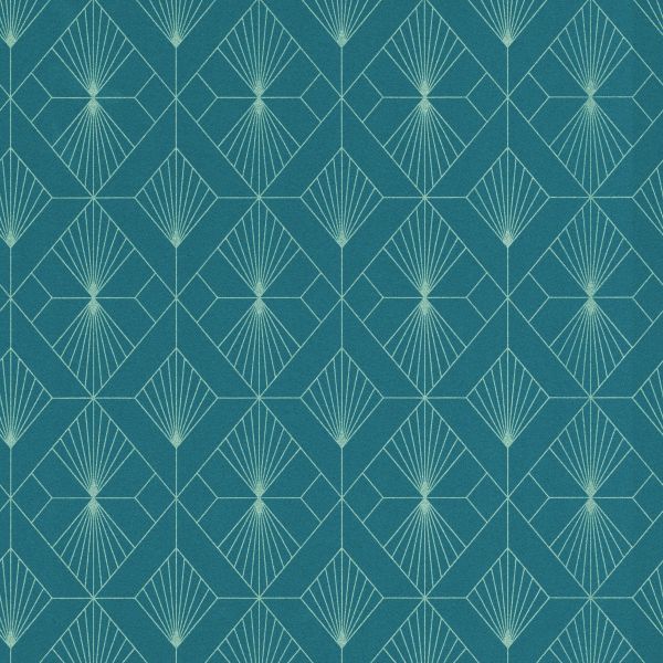 Wallpaper - MODERN GEOMETRIC ART DECO FAN TEAL/SILVER 1 METRE