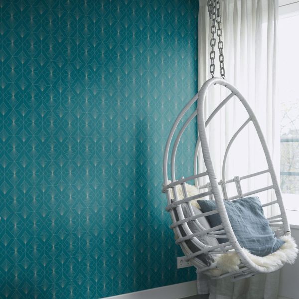 Wallpaper - MODERN GEOMETRIC ART DECO FAN TEAL/SILVER 1 METRE