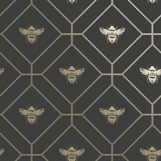 Wallpaper -  HONEYCOMB BEE CHARCOAL GOLD 1 METRE