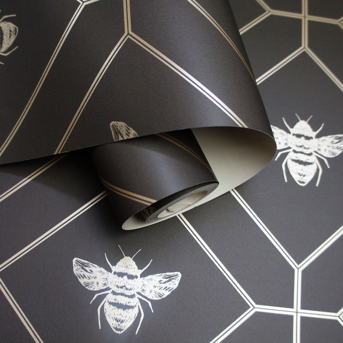 Wallpaper - HONEYCOMB BEE CHARCOAL GOLD 1 METRE