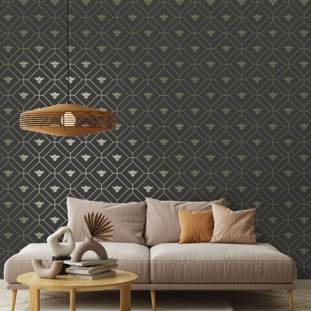 Wallpaper -  HONEYCOMB BEE CHARCOAL GOLD 1 METRE