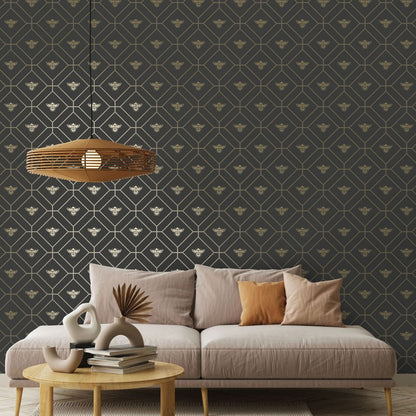 Wallpaper - HONEYCOMB BEE CHARCOAL GOLD 1 METRE