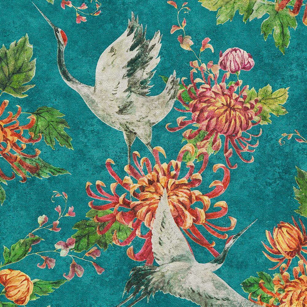 Wallpaper - ASIAN CRANES TEAL 1 METRE