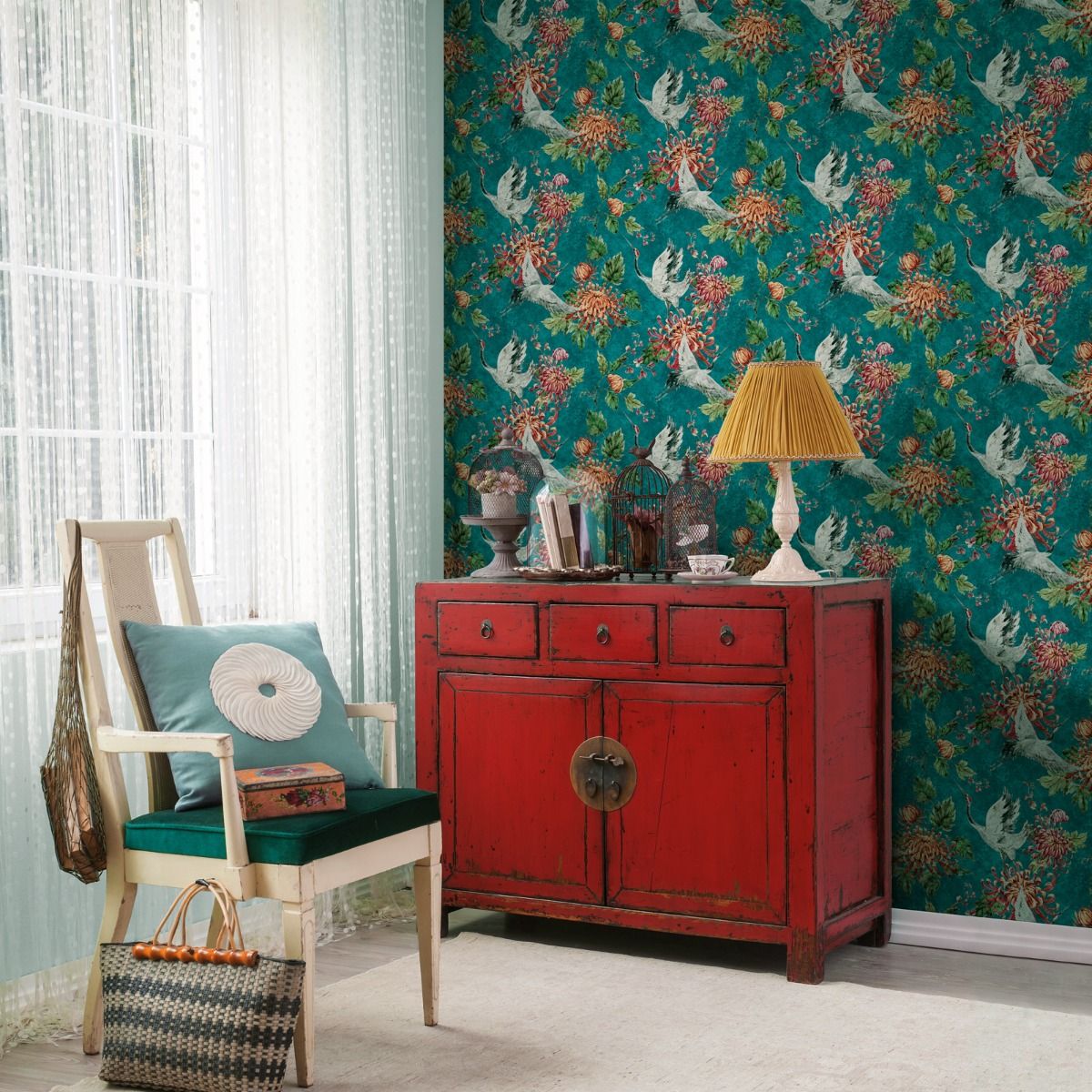 Wallpaper - ASIAN CRANES TEAL 1 METRE