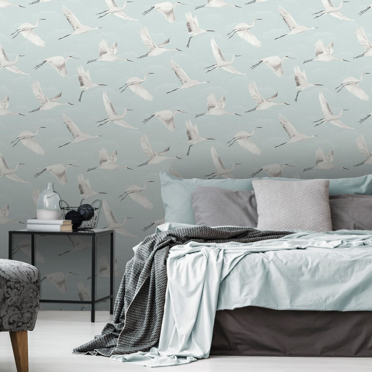 Wallpaper - IN FLIGHT CRANES DUCK EGG 1 METRE